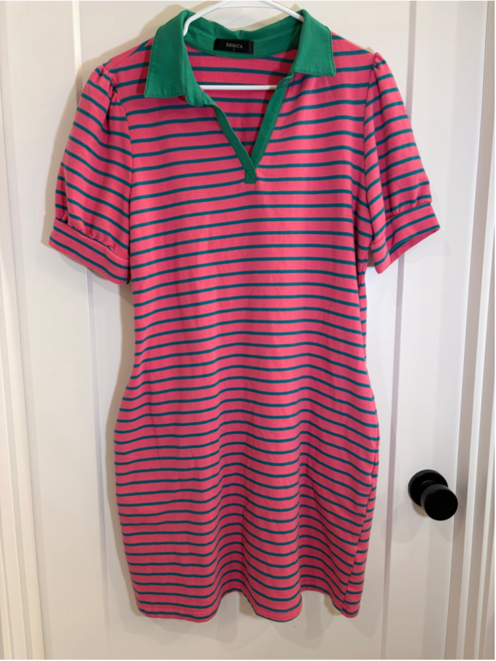 Zesica Pink & Green Striped Polo Dress Short Sleeve Pockets Large EUC